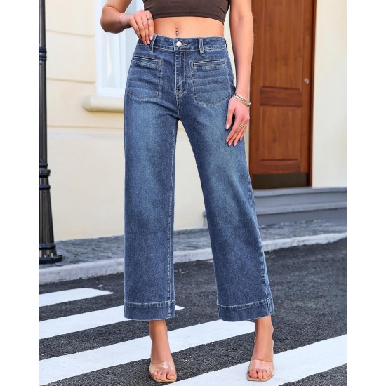 GRAPENT Wide Leg Jeans for Women Cropped High Waisted Trendy Patch Pocket Baggy Loose Straight Leg Stretchy Denim Pants