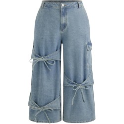 CIDER Baggy Jeans for Women Low Waisted Wide Straight Leg Bow Jeans Denim Pants