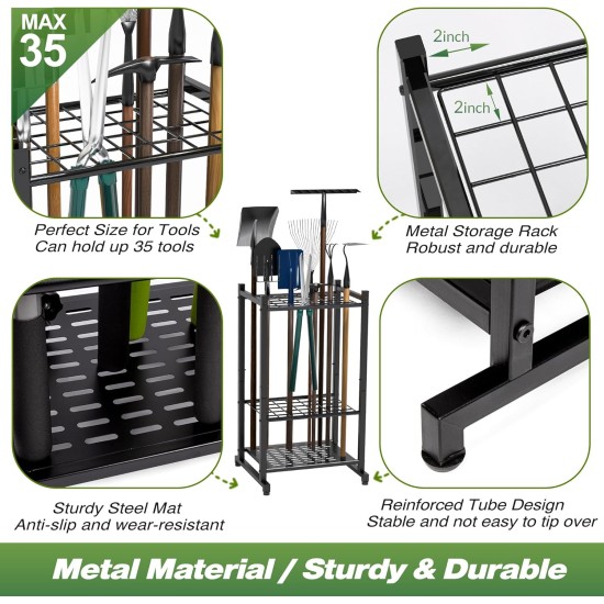 Garden Tool Organizer, Yard Tool Tower Rack for Garage Organization and Storage, Up to 35 Long-Handled Tools/Rakes/Brooms, Heavy Duty Steel Garden Tool Stand for Shed, Outdoor, Black