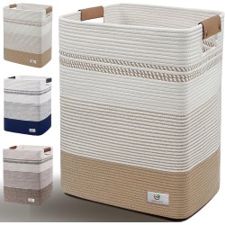 Laundry Hamper Large Laundry Basket with Leather Handles, Decorative Storage Cotton Rope Woven Basket for Blankets, Clothes Hamper for Living Room, Jute & White, 85L