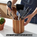 Acacia Wood Utensil Holder for Kitchen Counter, 360° Rotating 7.2" Wooden Cooking Utensil Crock for Countertop, Farmhouse Kitchen Decor
