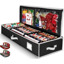 Premium Wrapping Paper Organizer Storage | Gift Wrap Holder With Extra Pockets for Christmas Decorations, Reinforced Handles, Heavy Duty, Ultra-Durable, Tear-Proof Fabric - Fits Up to 27 Rolls (Black)