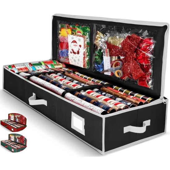 Premium Wrapping Paper Organizer Storage | Gift Wrap Holder With Extra Pockets for Christmas Decorations, Reinforced Handles, Heavy Duty, Ultra-Durable, Tear-Proof Fabric - Fits Up to 27 Rolls (Black)