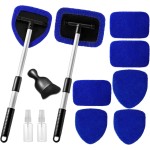 11pcs Windshield Cleaner Tool, Car Window Cleaning Wash Kit with 6 Reusable Microfiber Pads 2 Spray Bottles and Extendable Handles Auto Glass Wiper Kit, Blue