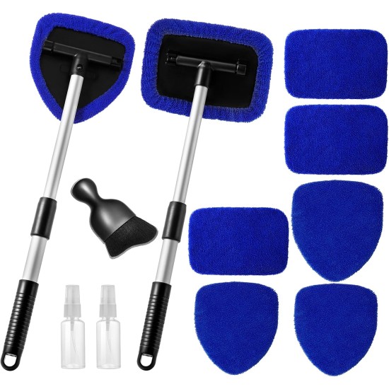 11pcs Windshield Cleaner Tool, Car Window Cleaning Wash Kit with 6 Reusable Microfiber Pads 2 Spray Bottles and Extendable Handles Auto Glass Wiper Kit, Blue