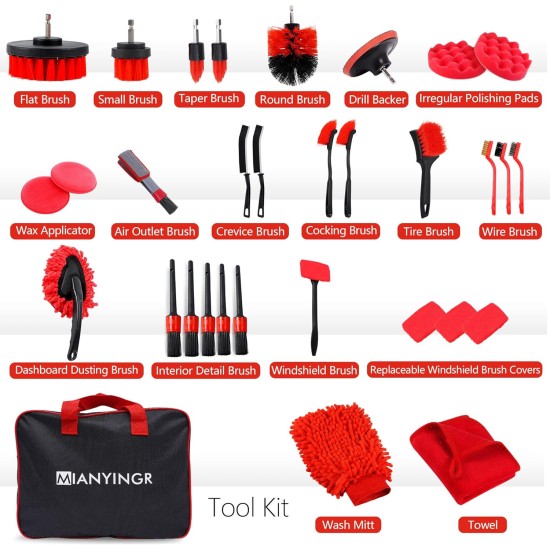 32Pcs Car Detailing Kit, Auto Detailing Brush Set and Drill Brush Attachments with Portable Handbag, Multi-Functional Vehicle Cleaning Tool for Wheels, Windshield