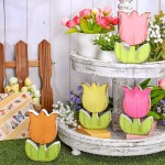 Whaline 4Pcs Spring Tulips Wood Signs Table Decor - Retro Spring Flowers Table Centerpiece Rustic Farmhouse Floral Tiered Tray Decor Tulip Block Wooden Signs for Home Tabletop Decor