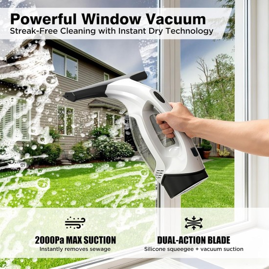 Window Vacuum Squeegee Cordless, Electric Window Cleaner Tool with & Water Collection Tank, Cleaning Kit Shower Squeegee for Glass Doors, Windows, Mirrors, Car