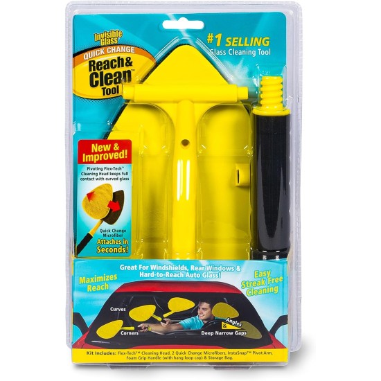 Invisible Glass 95160 Reach & Clean Windshield Cleaning Tool and Car Window Cleaner Tool for Interior and Exterior Auto Glass, Trucks, SUVs, RVs and Home Windows with 2 Microfiber Pads and Storage Bag