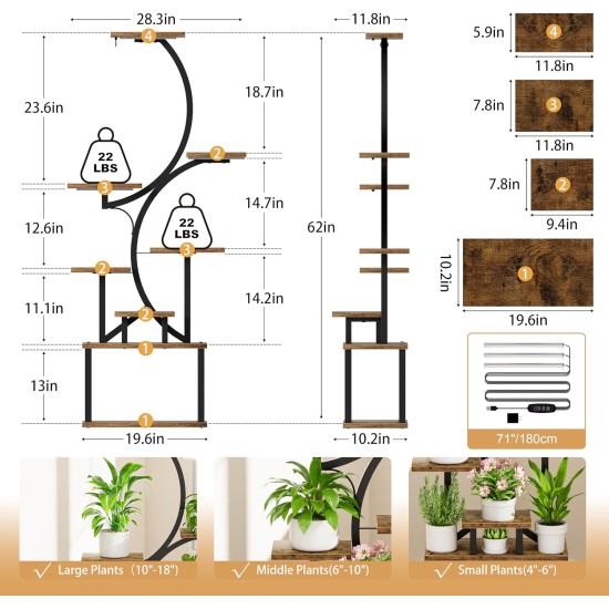Plant Stand Indoor with Grow Lights - 62" Tall Plant Shelf, Lighted Corner Plant Stands for Indoor Growing, 8 Tiered Large Flower Holder, S-Shaped Decorative Rack for Living Room, Patent Design, Brown