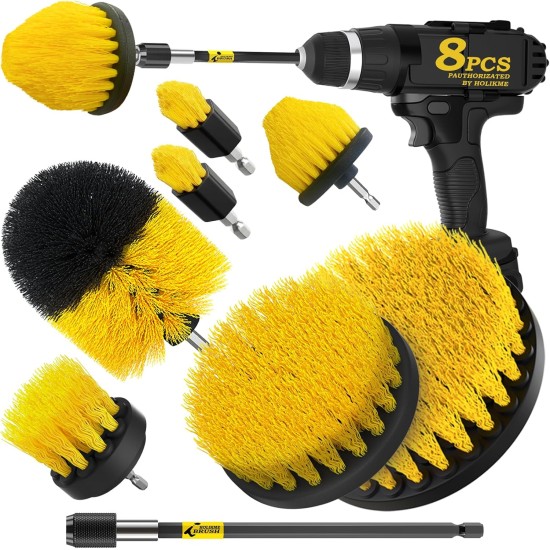 Holikme 8 Piece Drill Brush Attachments Set, Power Scrubber with Extend Long Attachment,Cleaning Supplies for Bathtub, Shower, Grout, Tile(Yellow) Holikme 8 Piece Drill Brush Attachments Set, Power Scrubber with Extend Long Attachment,Cleaning Supplies for Bathtub, Shower, Grout, Tile(Yellow)