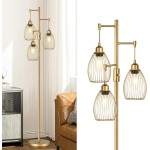 Dimmable Floor Lamp, Industrial Floor Lamps for Living Room, Gold Tree Lamp Standing Lamp Tall Lamps with 3 Elegant Teardrop Cage Head & 800 Lumens LED Bulbs for Living room Bedroom Office Dining Room