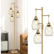 Dimmable Floor Lamp, Industrial Floor Lamps for Living Room, Gold Tree Lamp Standing Lamp Tall Lamps with 3 Elegant Teardrop Cage Head & 800 Lumens LED Bulbs for Living room Bedroom Office Dining Room