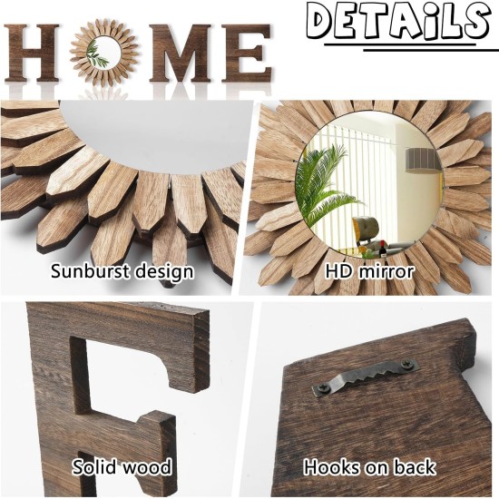 CHIF HAUTH Wood Home Sign with Sunflower Shaped Wood Mirror for O, Thick Letters for Wall Art, Rustic Decor, Farmhouse Home Wall Decor for Living Room, Entryway