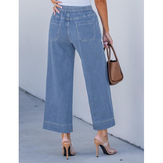 luvamia Wide Leg Jeans for Women High Waisted Cropped Pull On Jeans Elastic Wasit Drawstring Stretch Denim Trouser Pants