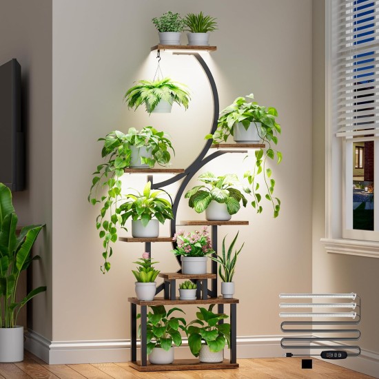 Plant Stand Indoor with Grow Lights - 62" Tall Plant Shelf, Lighted Corner Plant Stands for Indoor Growing, 8 Tiered Large Flower Holder, S-Shaped Decorative Rack for Living Room, Patent Design, Brown