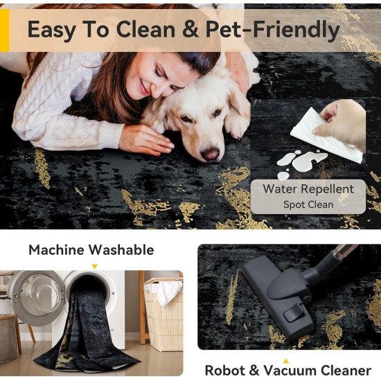 Washable Area Rugs 5'x7' Non-Slip Modern Abstract Soft for Living Room Entryway Bedroom Nursery, Print Pattern, Dark Black Gold