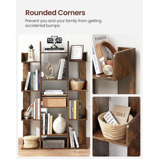 VASAGLE Bookshelf, Tree-Shaped Bookcase with 13 Storage Shelves, Rounded Corners, 9.8”D x 33.9”W x 55.1”H, Rustic Brown ULBC67BXV1 VASAGLE Bookshelf, Tree-Shaped Bookcase with 13 Storage Shelves, Rounded Corners, 9.8”D x 33.9”W x 55.1”H, Rustic Brown ULBC67BXV1
