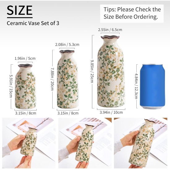 Ceramic Vase Set of 3, Vintage Green and Beige Vases Set, Flower Rustic Chinoiserie Vases Floral Grand Millennial Farmhouse Decor Vase for Home Decor, Living Room, Kitchen, Bedroom, Bookshelf
