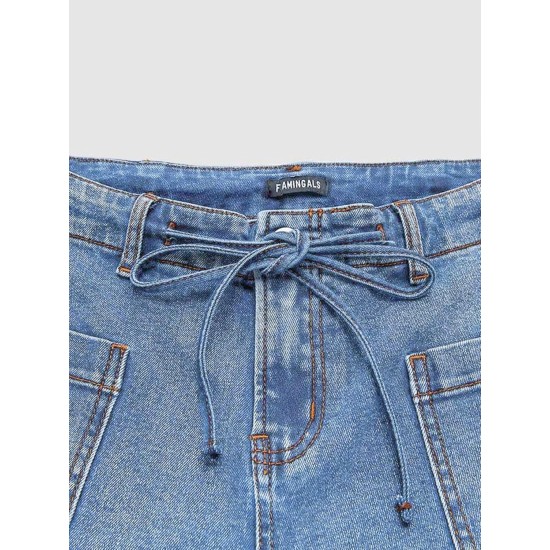 Flamingals Women's Mid Waist Straight Leg Jeans Drawstring Cropped Jeans Women Stretchy
