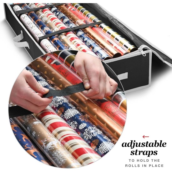 Premium Wrapping Paper Organizer Storage | Gift Wrap Holder With Extra Pockets for Christmas Decorations, Reinforced Handles, Heavy Duty, Ultra-Durable, Tear-Proof Fabric - Fits Up to 27 Rolls (Black)