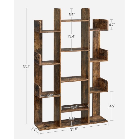 VASAGLE Bookshelf, Tree-Shaped Bookcase with 13 Storage Shelves, Rounded Corners, 9.8”D x 33.9”W x 55.1”H, Rustic Brown ULBC67BXV1 VASAGLE Bookshelf, Tree-Shaped Bookcase with 13 Storage Shelves, Rounded Corners, 9.8”D x 33.9”W x 55.1”H, Rustic Brown ULBC67BXV1