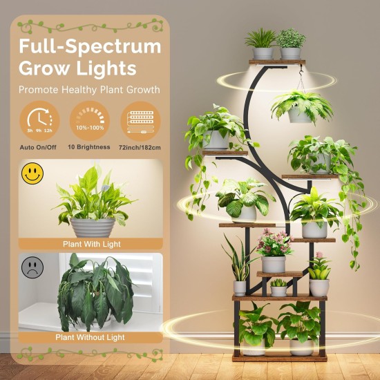 Plant Stand Indoor with Grow Lights - 62" Tall Plant Shelf, Lighted Corner Plant Stands for Indoor Growing, 8 Tiered Large Flower Holder, S-Shaped Decorative Rack for Living Room, Patent Design, Brown
