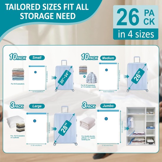 Cozy Essential Travel Vacuum Storage Bags with Rechargeable Cordless Electric Pump, Space Saver Bags for Luggage, Suitcase, Carry-On, for Clothes, Blankets, Comforters, Pillows, 26 Combo