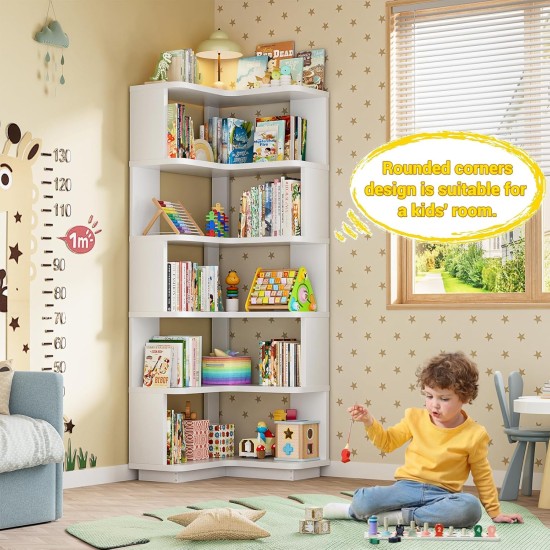 Armocity Corner Book Shelf - 6-Shelf Corner Bookshelf Etagere Bookcase with Baffle, Freestanding L Shaped Display Shelf Stand for Home Office, Living Room, Bedroom, Kitchen, White