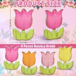 Whaline 4Pcs Spring Tulips Wood Signs Table Decor - Retro Spring Flowers Table Centerpiece Rustic Farmhouse Floral Tiered Tray Decor Tulip Block Wooden Signs for Home Tabletop Decor