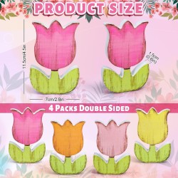 Whaline 4Pcs Spring Tulips Wood Signs Table Decor - Retro Spring Flowers Table Centerpiece Rustic Farmhouse Floral Tiered Tray Decor Tulip Block Wooden Signs for Home Tabletop Decor
