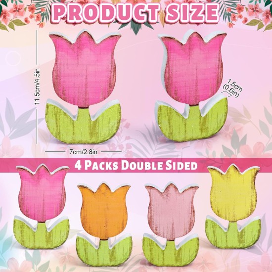Whaline 4Pcs Spring Tulips Wood Signs Table Decor - Retro Spring Flowers Table Centerpiece Rustic Farmhouse Floral Tiered Tray Decor Tulip Block Wooden Signs for Home Tabletop Decor