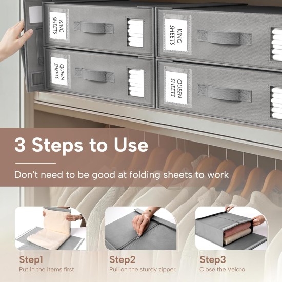 Criusia Bed Sheet Organizers and Storage, 6 Pack Foldable Linen Closet Organizer Box – Bedding Holder for Sheet Set (King/Queen Sizes), Duvet Covers, Blankets (Grey)