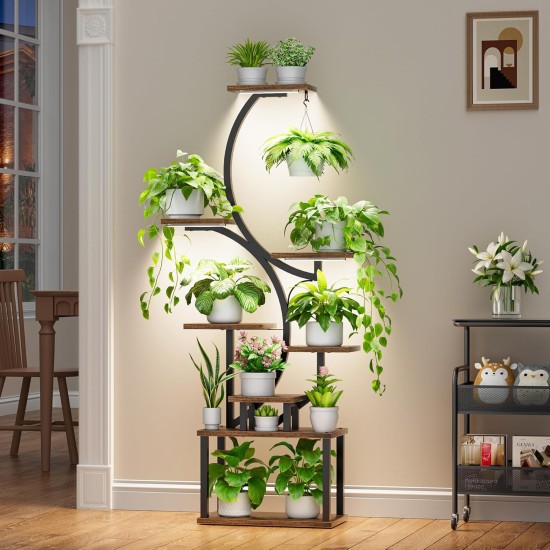 Plant Stand Indoor with Grow Lights - 62" Tall Plant Shelf, Lighted Corner Plant Stands for Indoor Growing, 8 Tiered Large Flower Holder, S-Shaped Decorative Rack for Living Room, Patent Design, Brown