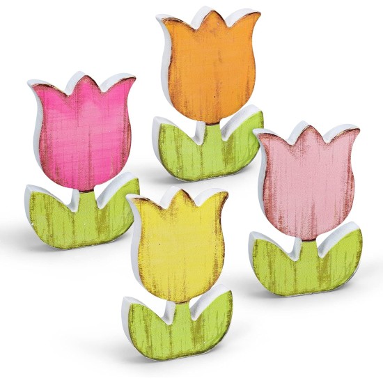 Whaline 4Pcs Spring Tulips Wood Signs Table Decor - Retro Spring Flowers Table Centerpiece Rustic Farmhouse Floral Tiered Tray Decor Tulip Block Wooden Signs for Home Tabletop Decor