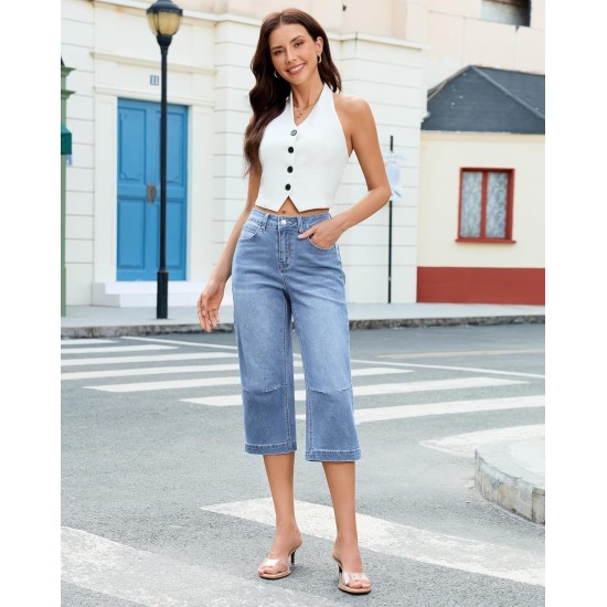 GRAPENT Capri Jeans for Women Mid Rise Straight Leg Casual Relaxed Fit Summer Cropped Stretchy Denim Capris Pants