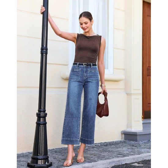 GRAPENT Wide Leg Jeans for Women Cropped High Waisted Trendy Patch Pocket Baggy Loose Straight Leg Stretchy Denim Pants
