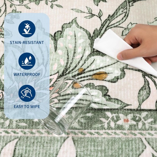 GarveeHome Provence 5x7 Area Rugs, Botanical Grove Sage Green Vintage Cottagecore Non-Slip Washable Rug for Living Room Bedroom Nursery Kitchen Low-Pile Retro Carpet