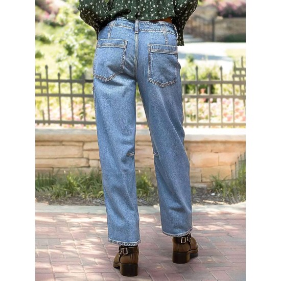 Flamingals Women's Mid Waist Straight Leg Jeans Drawstring Cropped Jeans Women Stretchy