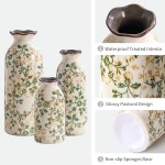 Ceramic Vase Set of 3, Vintage Green and Beige Vases Set, Flower Rustic Chinoiserie Vases Floral Grand Millennial Farmhouse Decor Vase for Home Decor, Living Room, Kitchen, Bedroom, Bookshelf