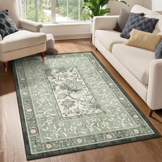 GarveeHome Provence 5x7 Area Rugs, Botanical Grove Sage Green Vintage Cottagecore Non-Slip Washable Rug for Living Room Bedroom Nursery Kitchen Low-Pile Retro Carpet