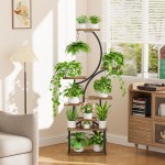 Plant Stand Indoor with Grow Lights - 62" Tall Plant Shelf, Lighted Corner Plant Stands for Indoor Growing, 8 Tiered Large Flower Holder, S-Shaped Decorative Rack for Living Room, Patent Design, Brown