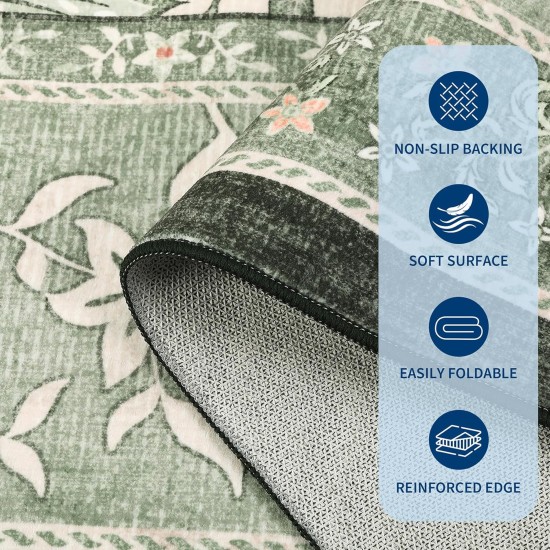 GarveeHome Provence 5x7 Area Rugs, Botanical Grove Sage Green Vintage Cottagecore Non-Slip Washable Rug for Living Room Bedroom Nursery Kitchen Low-Pile Retro Carpet
